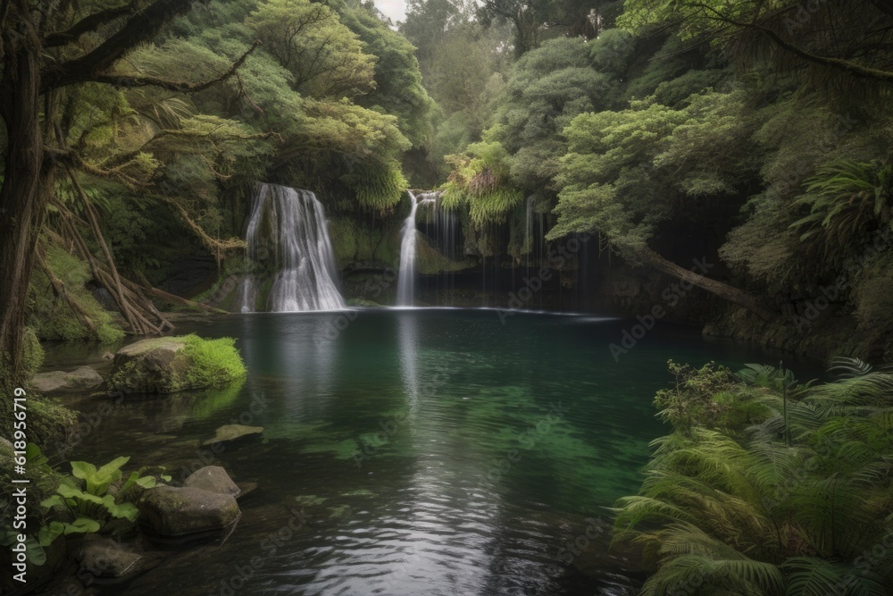 waterfall cascading into tranquil lake, surrounded by greenery, created with generative ai
