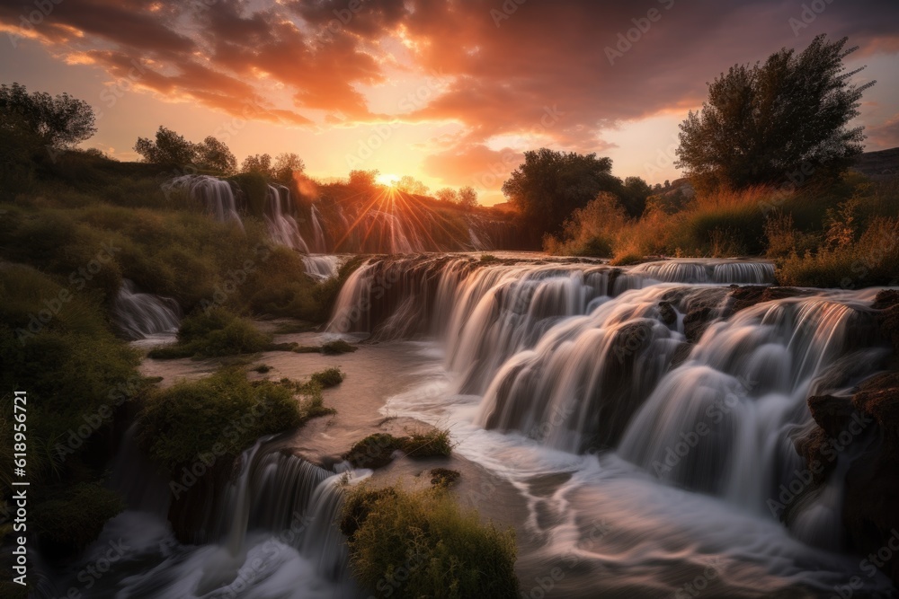 dusk sky with waterfalls and cascades illuminated by the setting sun, created with generative ai