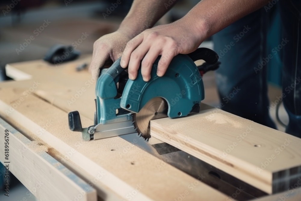 woodworker, sawing board to precise measurements with calibrated saw, created with generative ai