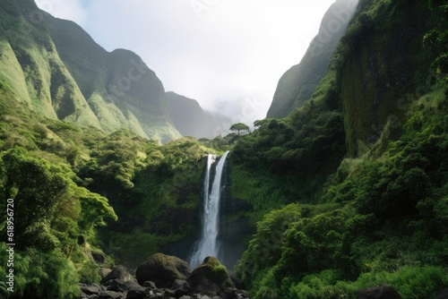 majestic waterfall surrounded by lush green foliage and towering mountains in the background, created with generative ai