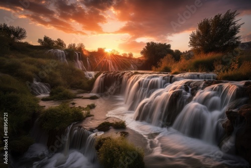 dusk sky with waterfalls and cascades illuminated by the setting sun, created with generative ai