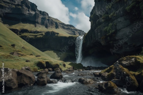 waterfall cascading over rocky cliff, surrounded by majestic mountains, created with generative ai