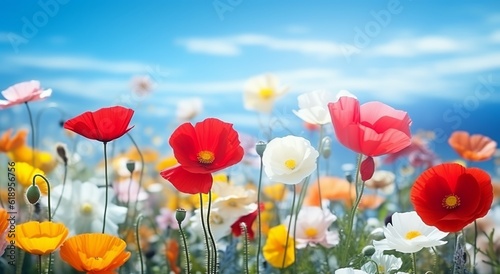 An illustration of a beautiful spring with a colorful natural flower background featuring red, yellow, and white poppies on a light blue backdrop. Created with Generative AI technology © mafizul_islam
