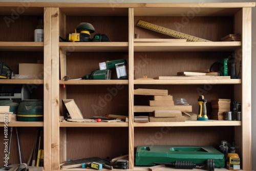 carpenters building bookshelf, with tools and materials nearby, created with generative ai