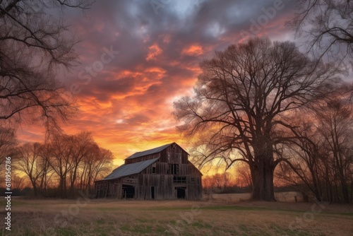 barn with towering trees and sunset sky in the background, created with generative ai