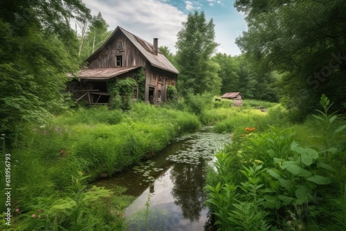 rustic barn surrounded by lush greenery and running stream, created with generative ai
