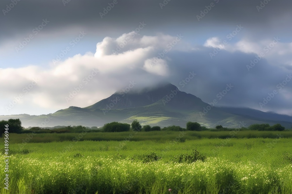 serene landscape with mountain in the background, surrounded by clouds, created with generative ai