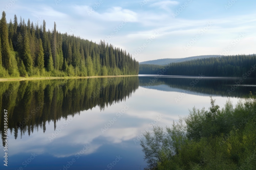 a quiet lake surrounded by rolling hills and forests, created with generative ai