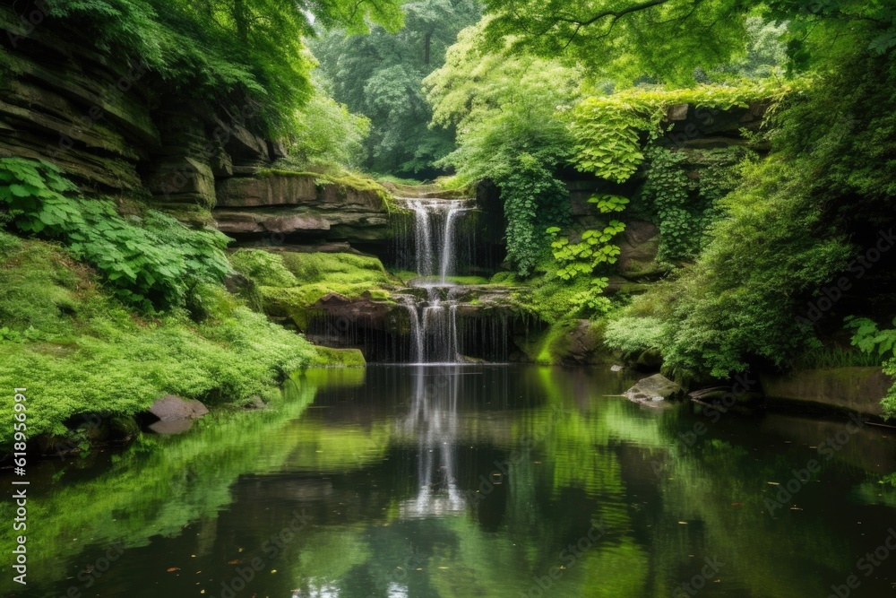 serene landscape with a waterfall, surrounded by greenery, created with generative ai