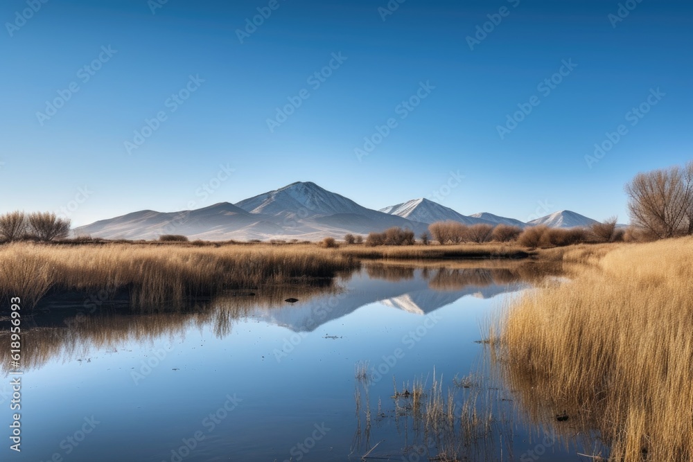 serene landscape featuring mountain range and clear blue skies, created with generative ai