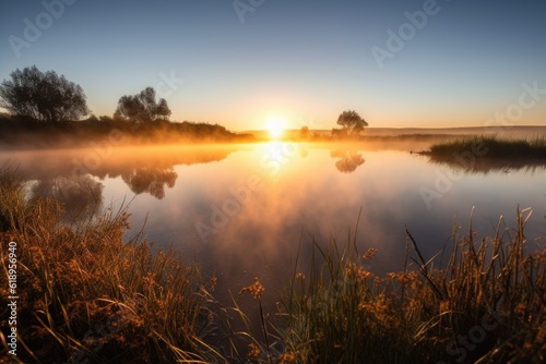 sunrise over tranquil lake  with mist rising from the water  created with generative ai