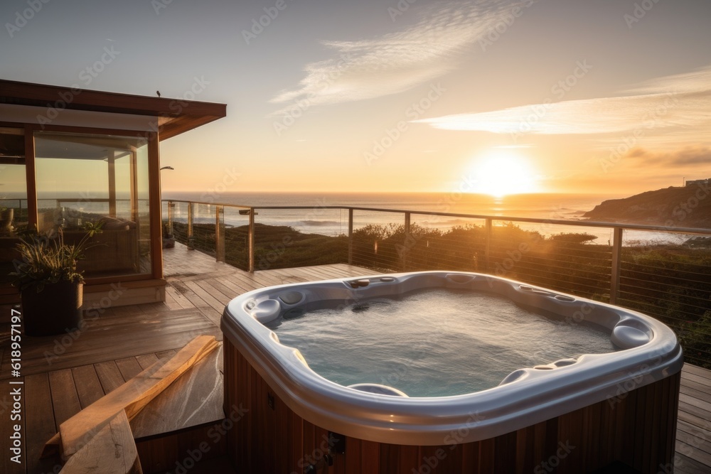 wellness retreat with hot tub and view of the ocean, created with generative ai
