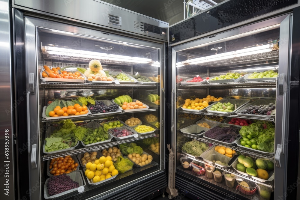 temperature-controlled holding cabinet filled with fruits and vegetables, ready for merchandising, created with generative ai