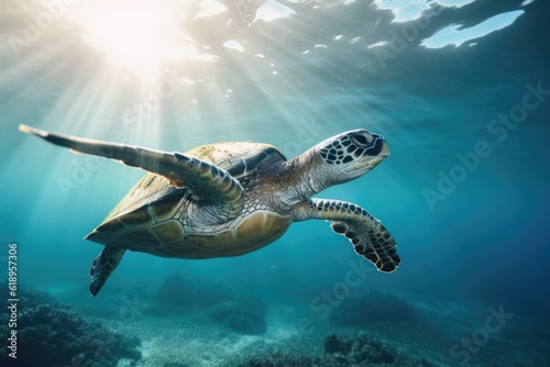 sea turtle swimming underwater  its flippers and shell glistening in the sunlight  created with generative ai
