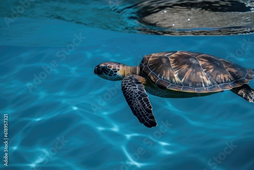 sea turtle swimming in clear blue ocean, with its reflection visible, created with generative ai