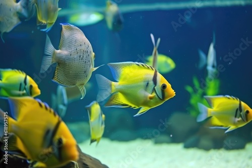 school of tropical fish swimming in tranquil aquarium, created with generative ai