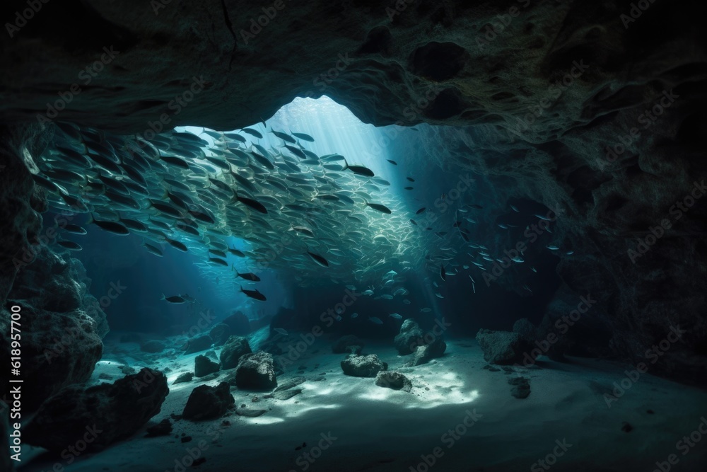 underwater cave with school of fish swimming in the depths, created with generative ai underwater cave with school of fish swimming in the depths, created with generative ai
