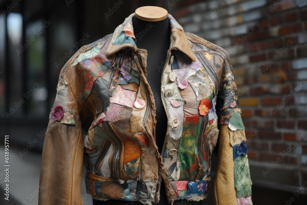 upcycled jacket made with leather and fabric scraps, created with generative ai
