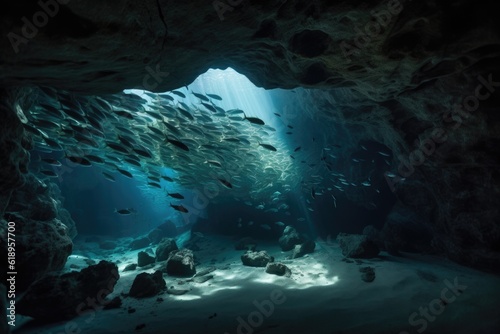 underwater cave with school of fish swimming in the depths, created with generative ai