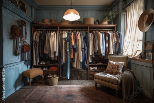 wardrobe filled with custom-made pieces made from upcycled and repurposed clothes, created with generative ai