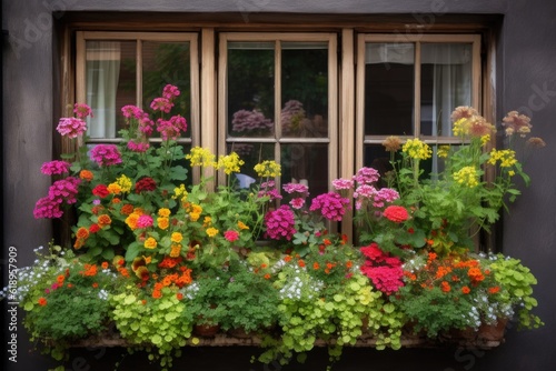 window garden filled with colorful annuals and perennials, created with generative ai