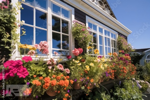 window garden overflowing with colorful blooms, against blue sky, created with generative ai