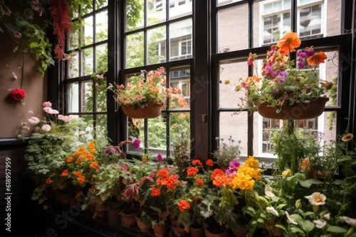 window garden overflowing with blooms and greenery, created with generative ai