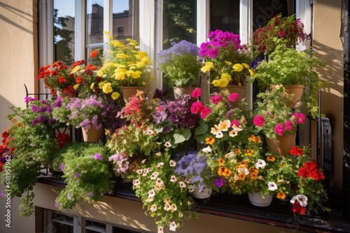 window garden overflowing with blooms and greenery, bringing life and color to balcony, created with generative ai