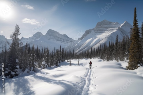 winter sports adventure: snowshoeing through snowy wilderness, with view of towering mountains in the background, created with generative ai © Alfazet Chronicles