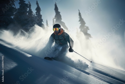 winter sports action shot, with blur of skis and snowboards flying down the slopes, created with generative ai