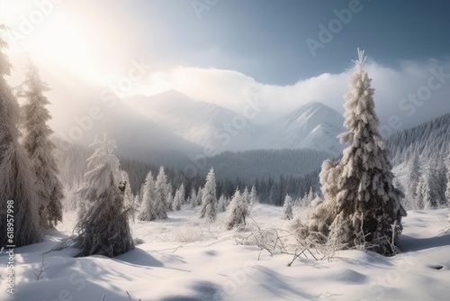 winter landscape with snow-covered trees and mountains in the background, created with generative ai © Alfazet Chronicles