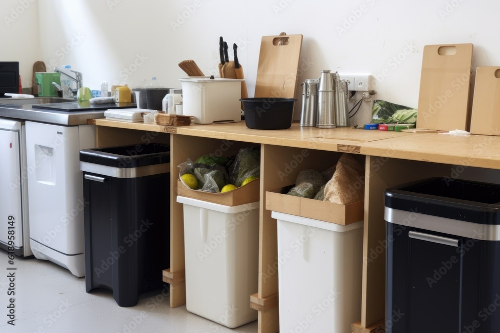 Fototapeta premium zero-waste kitchen, with compost bin and recycling containers visible, created with generative ai