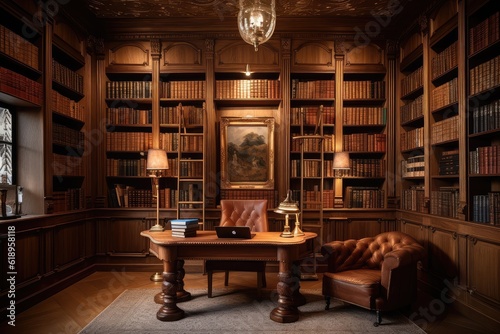 wooden bookshelf with leather-bound books in warm and inviting study room, created with generative ai