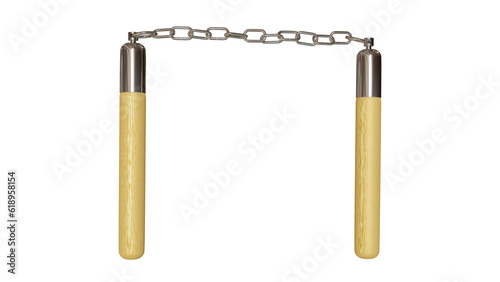 Wooden nunchaku weapon on chain isolated on white and transparent background. Martial art concept. 3D render photo