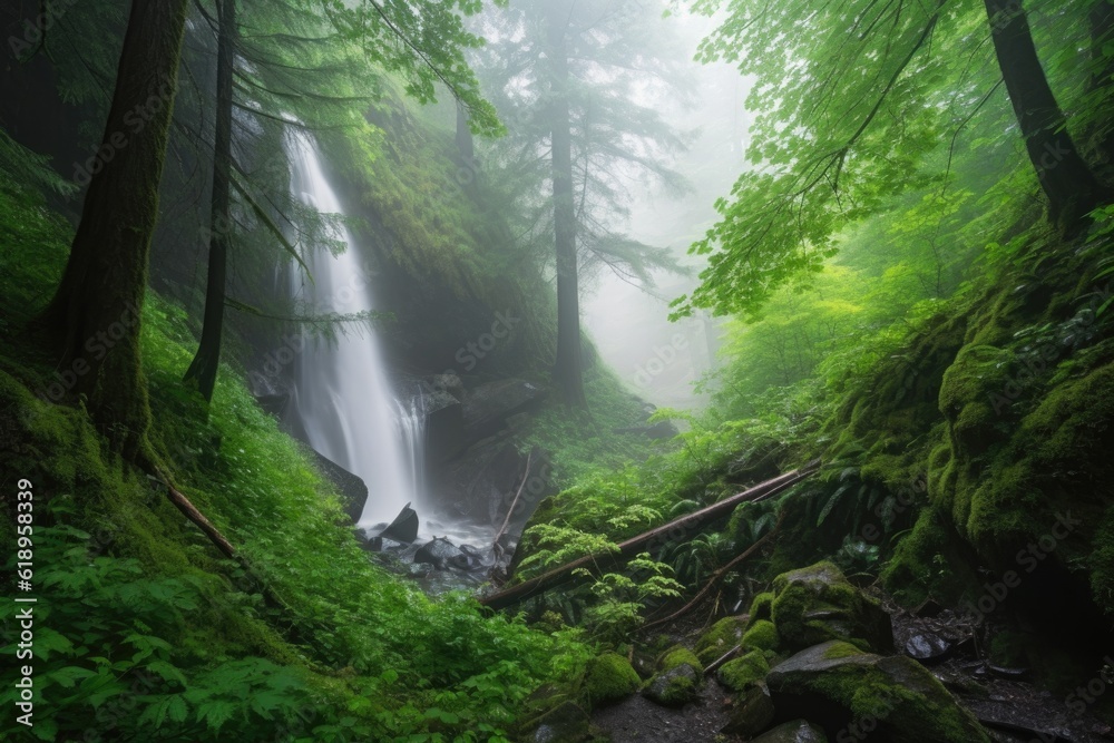 Fototapeta premium cascading waterfall in misty forest with towering trees, created with generative ai