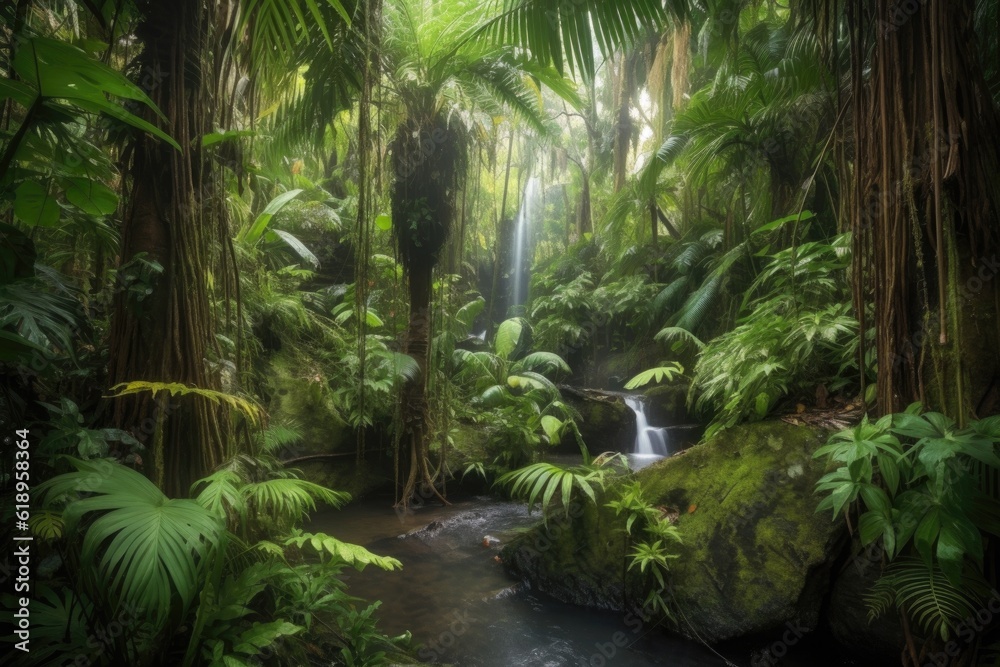 tropical rainforest with cascading waterfalls and palm trees, created with generative ai