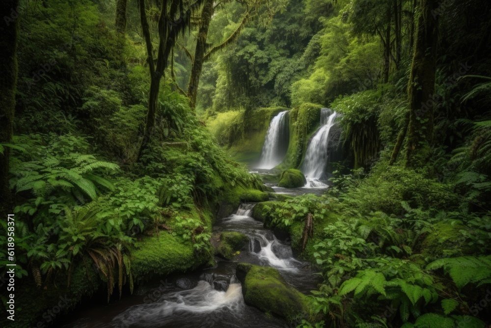 cascading waterfalls surrounded by lush greenery and towering trees, created with generative ai