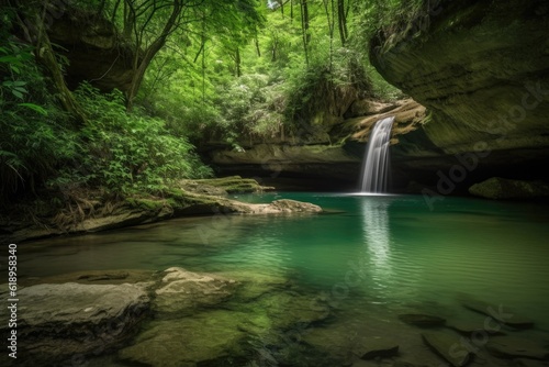 majestic waterfall pouring into crystal-clear swimming hole, surrounded by lush greenery, created with generative ai