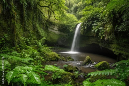 majestic waterfall surrounded by lush greenery  created with generative ai