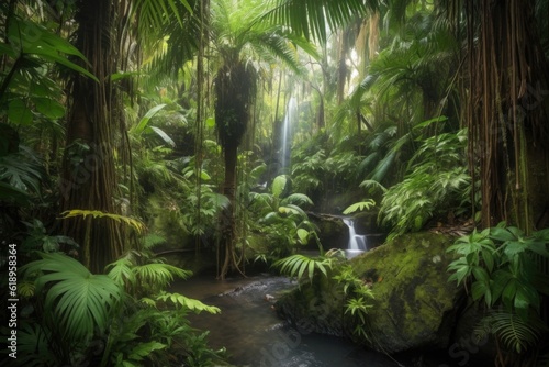 tropical rainforest with cascading waterfalls and palm trees  created with generative ai