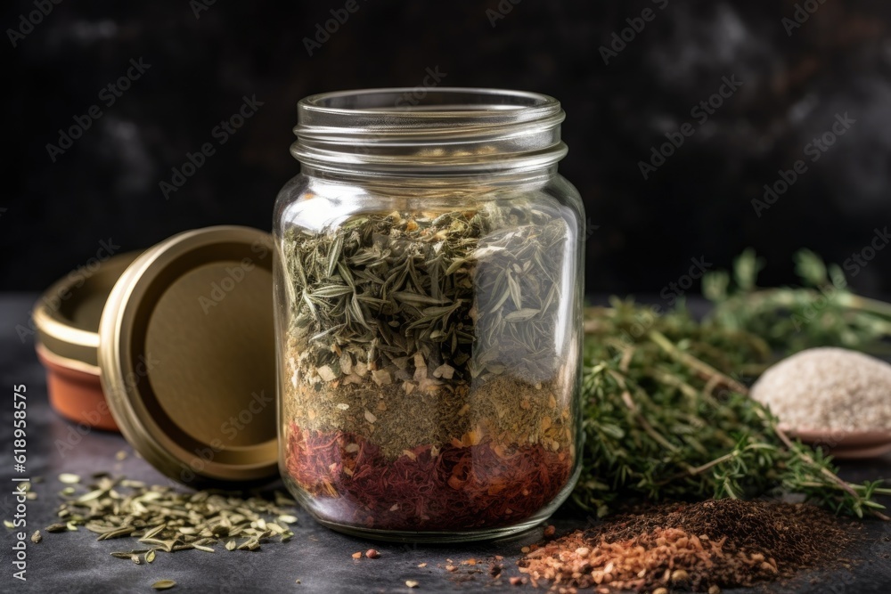 glass jar filled with spices and herbs for flavorful seasoning, created with generative ai