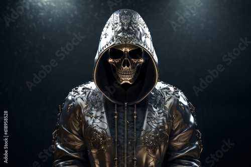 Skeleton in hood created with Generative AI technology