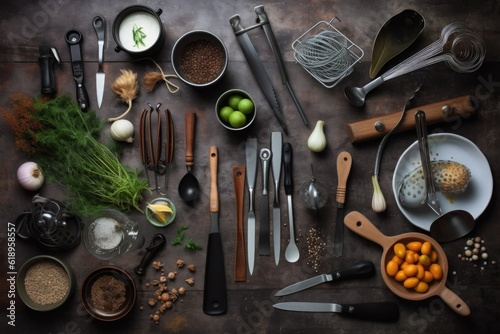 a collection of cooking utensils and tools, arranged in a flatlay photo, created with generative ai