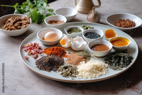 a plate of deconstructed breakfast, with individual ingredients and spices visible, created with generative ai