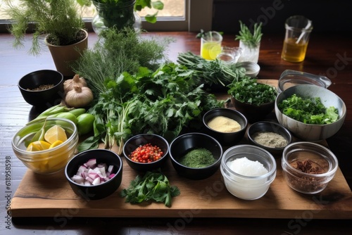 collection of ingredients that make up a deconstructed recipe, including fresh herbs, spices, and vegetables, created with generative ai