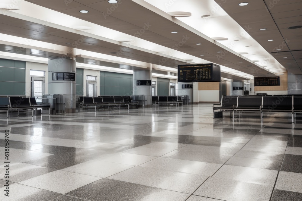 empty airport terminal, with passengers and their luggage boarding the plane on the other side of security checkpoint, created with generative ai