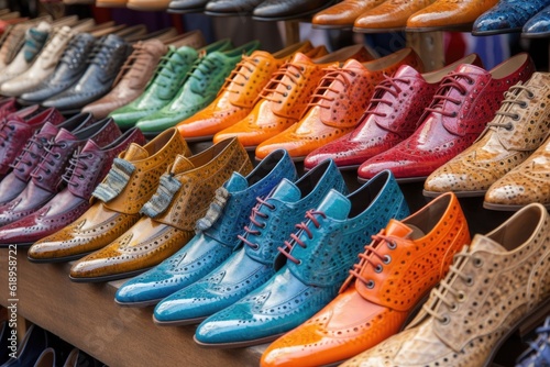 row of designer shoes in eye-catching array of colors and textures, created with generative ai