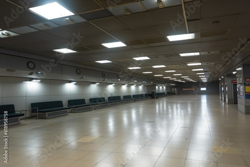 empty airport terminal with emergency lights and sirens, indicating emergency situation, created with generative ai © Alfazet Chronicles