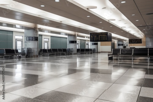 empty airport terminal  with passengers and their luggage boarding the plane on the other side of security checkpoint  created with generative ai