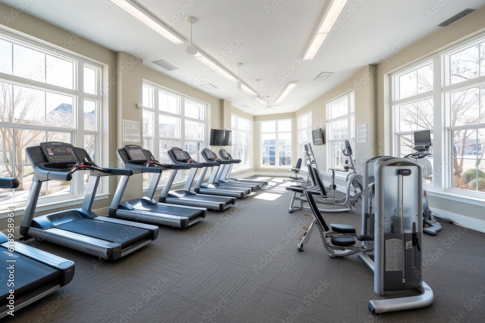fitness center, with row of treadmills, stair climbers, and elliptical machines, created with generative ai fitness center, with row of treadmills, stair climbers, and elliptical machines, created with generative ai
